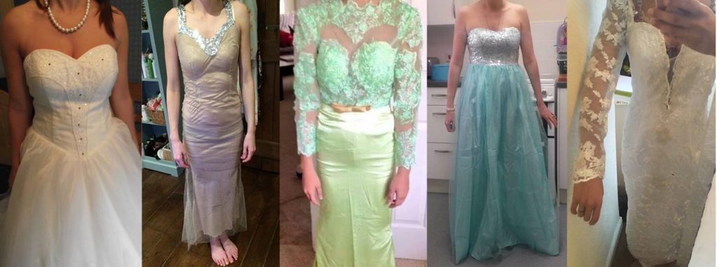 A collage of pictures of counterfeit wedding dresses from online retailer scams. Buying cheap wedding dresses online is always a bit of a risk, but that's why you have Danelle's Bridal to avoid #weddingdressfails like these!